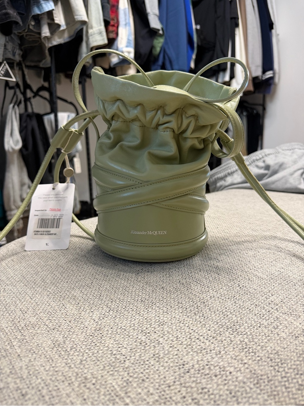 Alexander McQueen Light Olive Leather Drawstring Mini Bucket Bag